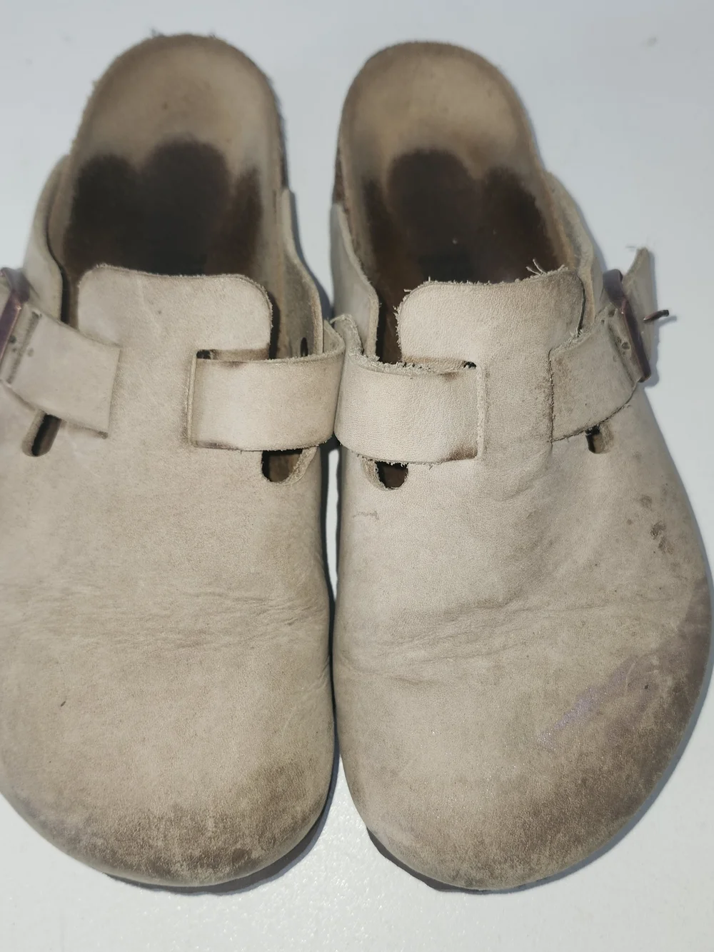 Birkenstock Beige Suede Boston Clogs with Rose Gold Buckles - Picture 2 of 5